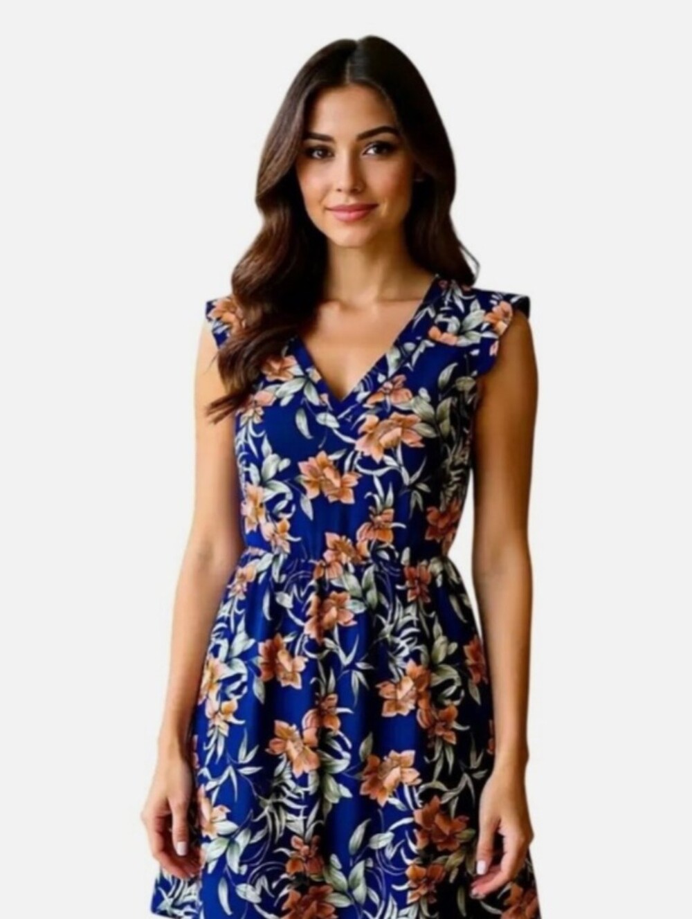 Navy Floral V-Neck Sleeveless Dress